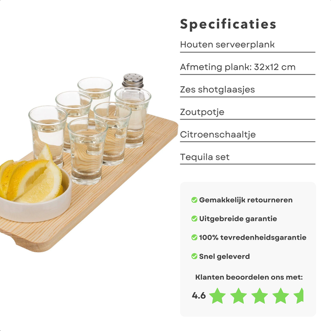 Cheqo® Tequila Serveerset Hout - Tequila Glazen - Shotglazen Set - Inclusief Shotglaasjes en Zoutpotje - 32x12 cm