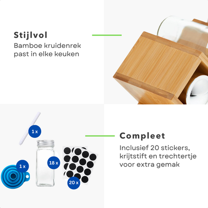 Cheqo® Bamboe Kruidenrek -  Kruidenpotjes Rek - Aanrecht Organizer - Kruidenrekje - 18 Glazen Potjes - Keukenorganizer met Labels en Stift