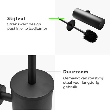 Cheqo® Zwarte Toiletborstel Met Wandhouder -  Wc Borstel - Toilet Borstel Houder - RVS - 35 cm Hoog - Moderne