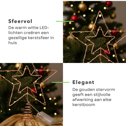 Cheqo® Verlichte Kerstboom Piek - Kerstboom Ster Piek - LED Kerstboom Topper - Gouden Kerstboompiek - LED Kerstster Piek - Kerstversiering Met Verlichting - 30 LED-Lichten - Op Batterij - Lichtgevende Piek voor Kerst - Warme Witte Verlichting