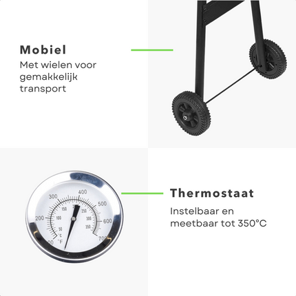 Cheqo® Rookoven BBQ features wheels for mobility and an adjustable thermometer up to 350°C for precision cooking.