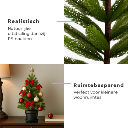 Cheqo® Kunstkerstboom In Pot - Compacte Kunstkerstboom - Kleine Kerstboom - Mini Kerstboom - Kerstboom 90 cm - Groene Kerstboom - Realistische Kerstboom - Natuurlijke Uitstraling - PE-Materiaal Kerstboom - Stevige Zwarte Pot - Kerstdecoratie
