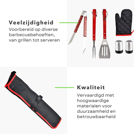 Cheqo® Premium BBQ Gereedschap Set - BBQ Schort - Barbecue Accessoires - 7-Delig - Roestvrijstaal - Inclusief Spatel, Vork, Vleestang & Meer - BBQ Tang