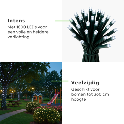 Cheqo® Kerstverlichting - Kerstlampjes - Kerstboomverlichting voor Buiten - 1800 LED Lampjes - 36 Meter Lichtsnoer - Wit Licht - Koelwit - 8 Lichtfuncties - Geheugenfunctie - Timer 8 Uur - IP44 Adapter - Groen Snoer - Binnen en Buiten