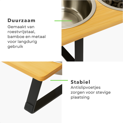 Cheqo® Dubbele Voerbak Voor Honden & Katten – RVS Voerbakken met Bamboe Standaard – Verhoogde Eet- en Drinkbak – Antislip Voerbak met Houder – Waterafstotend – Ergonomisch – Voor Kleine Huisdieren