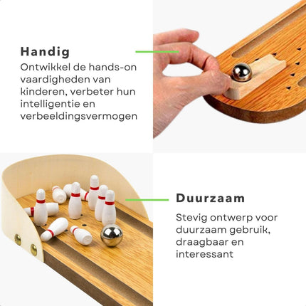 Cheqo® Mini Bowling Set - Reisspel - Hout - 10 Kegels - Voor het hele Gezin - 29.7 x 10 x 4.5 cm - Compact en Draagbaar - Kinderspeelgoed - Cadeau voor Kinderen - Kegelspel - Bowlen Kegelen