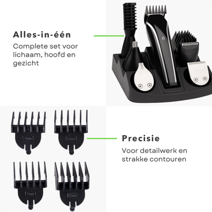 Cheqo® Alles-in-1 Trimmer Set – Tondeuse Set - Oplaadbare Haartrimmer 600mAh – Baardtrimmer – Precisietrimmer – Lichaamstrimmer – Neus- en Oorhaartrimmer – Scheerkop – USB – Grooming Kit – 4 Opzetkammen