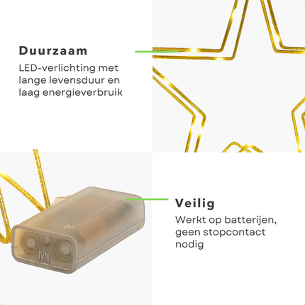 Cheqo® Goudkleurige Kerstster - Kerstster Met Ledverlichting - Ledverlichting Op Batterij - Kerstdecoratie Goud - Kerstversiering Met Licht - Sfeerverlichting Kerst - Kerst Verlichting - Kerst Decoratie Ster - Kerstornament