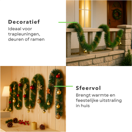 Cheqo® Kerstslinger 270 CM - Guirlande - Kerstdecoratie Groen Goud - Goudkleurige Decoratie - Kerstversiering - Groene Decoratie - Gouden Accenten - Feestelijke Decoratie - Winterdecoratie - Kerst Slinger - Kerstversiering Groen