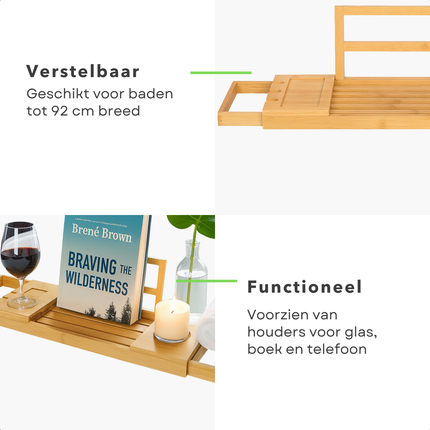 Cheqo® Luxe Verstelbare Badplank Bamboe – Uitschuifbaar Badrek – Badplank met Boekensteun, Tablethouder, Wijnglashouder & Bekerhouder – Waterbestendig Badkuiprekje – Compacte Opberging – Badaccessoires Hout