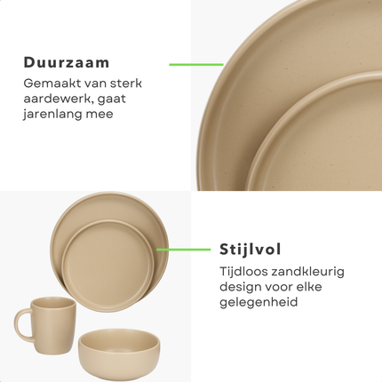 Cheqo® Serviesset 16-delig Aardewerk – Stijlvolle Bordenset 4 Persoons – Ontbijtborden & Dinerborden – Kommen & Mokken – Magnetronbestendig – Vaatwasserbestendig – Elegante Zand Kleur – Duurzame Kwaliteit