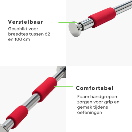 Cheqo® Verstelbare Optrekstang - Pull Up Bar - Deurpost Montage - Krachttraining Thuis - Chin Up Bar - Foam Handgrepen - Maximaal 100 Kg - Fitness Thuis - Optrekstang Deurpost - Krachttraining - Zonder Schroeven - Verstelbaar