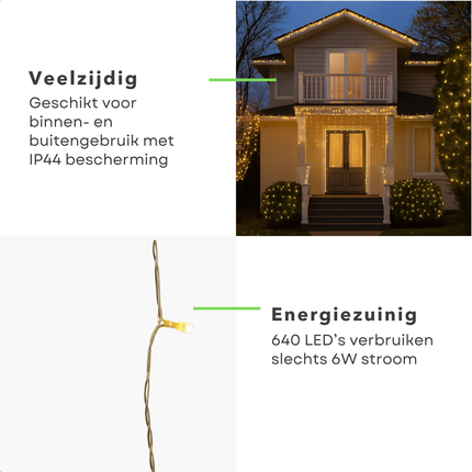 Cheqo® Ijspegel Lichtgordijn - Ijspegelverlichting Buiten - Kerstverlichting Buiten - Extra Warm Wit - 640 LED Lampjes - 12.70 Meter - Lichtgordijn Binnen En Buiten - IP44 Spatwaterdicht - Energiezuinige LED's - 8 Lichtfuncties - Groen Snoer