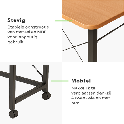 Cheqo® Inklapbare Wandtafel - Bijzettafel - Laptop Tafel - Haltafel - Bedtafel - Zwart Metaal - Met Wielen