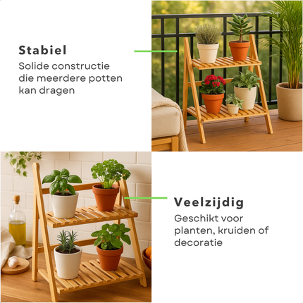 Cheqo® Bamboe Plantenrek - Plantenstandaard Bamboe - 2-Laags Plantenrek - Bamboe Materiaal - Plantenrek Binnen - Compacte Afmetingen - Lichtgewicht Ontwerp - Natuurlijke Uitstraling - Decoratief Plantenrek - Gelakt Bamboe