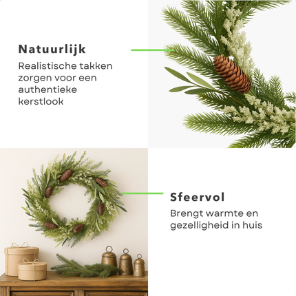 Cheqo® Groene Kerstkrans - Ø50 cm - Dennenappels - Dennentakken - Langwerpige Blaadjes - Natuurlijke Uitstraling - PE Materiaal - Deurdecoratie - Wanddecoratie - Kerstversiering - Binnen En Buiten - Sfeervolle Decoratie - Deurkrans