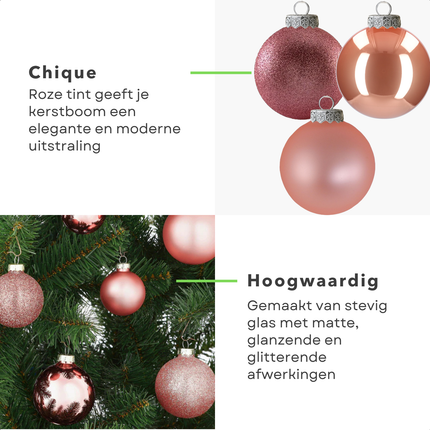 Cheqo® Kerstballen Set - Roze Kerstballen - Glazen Kerstballen - Kerstboom Decoratie - Chique Uitstraling - Feestelijke Kerstversiering - Ø7 cm Kerstballen - Matte Kerstballen - Glimmende Kerstballen - Glitter Kerstballen