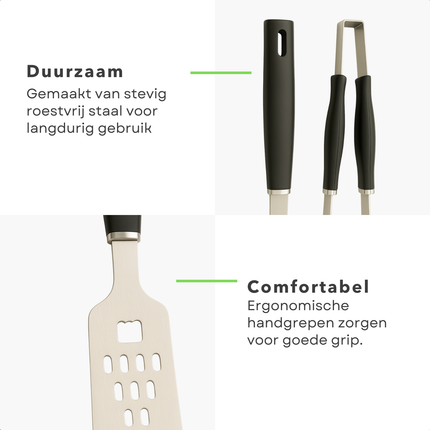 Cheqo® BBQ Gereedschap Set 3-Delig RVS – Barbecue Accessoires Vork Spatel Tang – Roestvrijstalen BBQ Tools – Grill Gereedschap – Barbecue Set – BBQ Essentials – Gereedschap voor Barbecue – RVS BBQ Kit – Barbecue Tools