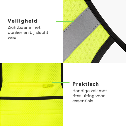 Cheqo® Reflecterend Hardloopvest - Hardloopvest Met Zak - Verstelbaar Hardloopvest - Neongeel Vest - Jogging Vest - Reflectievest Voor Hardlopen - Ademend Materiaal - Fluorescerende Stoffen - Reflecterende Stroken - Zak Met Ritssluiting