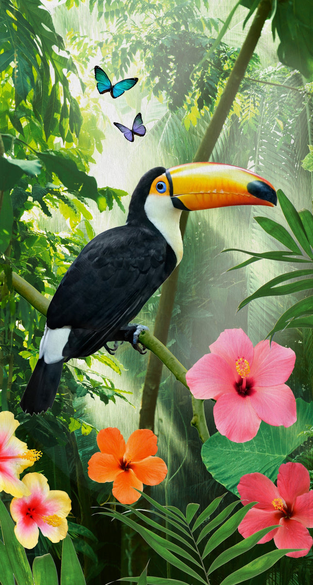 Strandlaken 100x180 cm - Tropische Toekan en Bloemen Print - Groen - Poly Velours - 1 Persoons