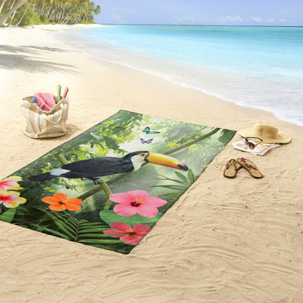 Strandlaken 100x180 cm - Tropische Toekan en Bloemen Print - Groen - Poly Velours - 1 Persoons