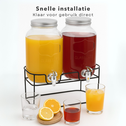 Cheqo® Dubbele Glazen Drankdispenser met Kraantje - Limonadetap - Waterdispenser - Watertap - Drankendispenser - Sapdispenser - 4L - Met Standaard - Ideaal voor Feestjes