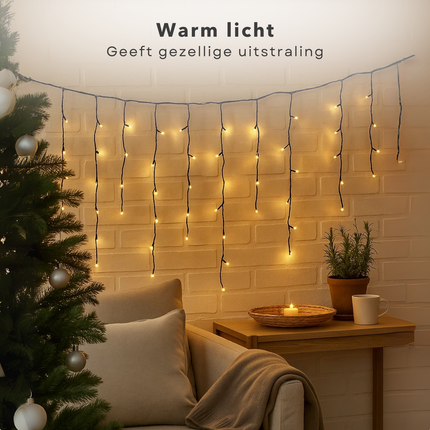 Cheqo® Ijspegel Verlichting - Lichtgordijn - 360 LED's - 12 Meter - Warm Wit - Binnen En Buiten - LED Lampjes - Kerstverlichting - IP44 Adapter - 3 Meter Aanloopsnoer - Lange En Korte Strengen - 52 cm Strengen - Energiezuinig