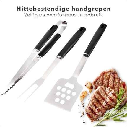 Cheqo® 3 delige BBQ Accessoires Set - Roestvrij Staal - Perfect voor Barbecue - Inclusief Spatel, Tang en Vork