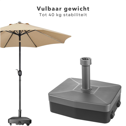 Cheqo® Verrijdbare Kunststof Parasolvoet - Parasolstandaard - Parasol Houder - Parasol Standaard - Vulbaar 40 kg - Met Wielen en Handgreep
