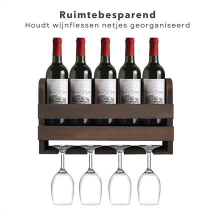 Cheqo® Houten Wijnrek Wandmontage - Flessenrek - Wijnflesrek - Wijnflessen Rek Voor 4 Flessen en Glazen - Glazenhouder - Hout - Compact Design