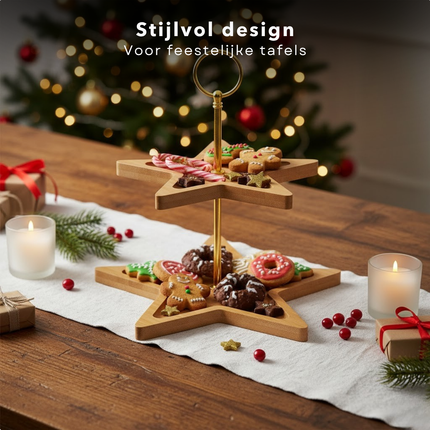 Cheqo® Kerst Etagere - 2 Lagen - Bamboe Etagere - Stervorm Etagere - Kerstdecoratie - Serveertoren - Bamboe En Metaal - Kersttafel Decoratie - Lichtgewicht Etagere - Kerstontbijt - Kerstdiner