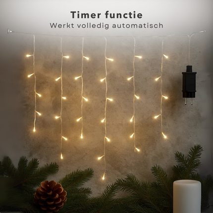 Cheqo® Ijspegel Verlichting - Ijspegelverlichting 180 LED Lampjes - Kerstverlichting Warm Wit Licht - Lichtfuncties met Timer - Transparant Snoer - 6 Meter Breed - 3 Meter Aanloopsnoer - Binnen en Buiten Gebruik - IP44 Adapter - 8 Lichtfuncties
