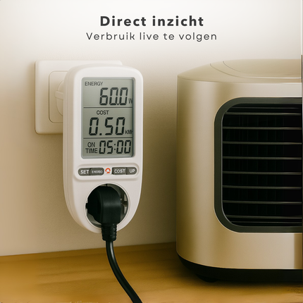 Cheqo® Energiekosten Meter voor Standaard Stopcontact – Energie Verbruiksmeter met Duidelijk Display – kWh Meter tot 3680W – Nauwkeurige Stroomverbruik Meter – Overbelastingsbeveiliging – Energie Besparen – Energiemeter