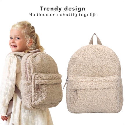 Cheqo® Luxe Kinderrugzak - Rugzak voor Kinderen - Rugtas - Schooltas - Zachte Teddystof - Verstelbare Schouderbanden - Wit