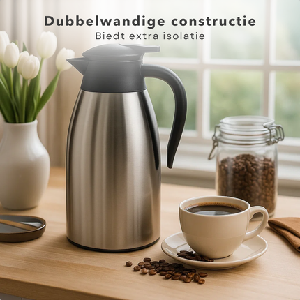 Cheqo® Thermoskan 2 Liter - RVS Thermoskan - Dubbelwandige Thermoskan - Lekvrije Thermoskan - Isolerende Kan - Warme en Koude Dranken - Thermoskan met Handgreep - 1-Hand Bediening - Roestvrij Staal - Thermoskan voor Koffie