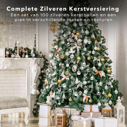 Cheqo® Luxe Kerstballen Set - Kerstballenset - Kerstdecoratie - Kerstboom Versieren - Kerstversiering - Onbreekbaar - Met Ophangoogje - Kerstversiering Kerstboom - Mat - Glans - Glitter - 101 Stuks - Zilver - Verschillende Texturen en Maten - Met Piek Kerstballen