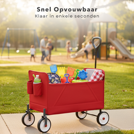 Cheqo® Opvouwbare Bolderkar - Bolderwagen - Rood - Opbergvak - Plat Opvouwbaar - Gemakkelijk Op Te Vouwen - 2 Bekerhouders - Transportkar - Eenvoudig Op Te Bergen - Strandkar