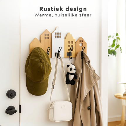 Cheqo® Kapstok Met Huisjes - Wandkapstok - Kapstok Met Haken - Decoratieve Kapstok - Huisjes Design - Kapstok Voor Hal - Kapstok Voor Kinderkamer - Moderne Kapstok - Compacte Kapstok - Jas Ophangen - Garderobe