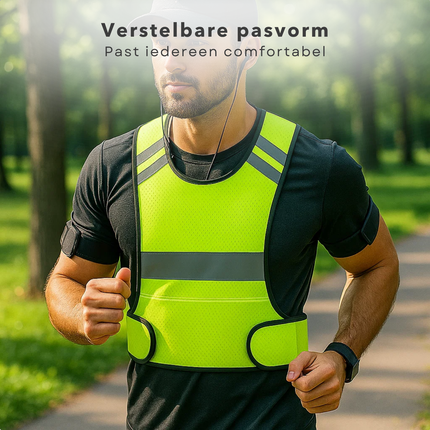 Cheqo® Reflecterend Hardloopvest - Hardloopvest Met Zak - Verstelbaar Hardloopvest - Neongeel Vest - Jogging Vest - Reflectievest Voor Hardlopen - Ademend Materiaal - Fluorescerende Stoffen - Reflecterende Stroken - Zak Met Ritssluiting