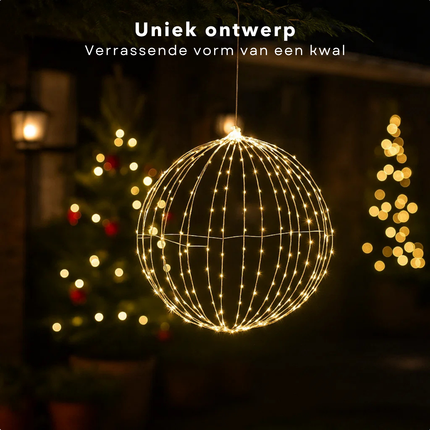 Cheqo® Kerstverlichting Buiten - Decoratieve Bal - Warm Witte LED - Spatwaterdicht - Tuinverlichting - Kerstdecoratie - Zilveren Frame - LED Lampjes - Timer Functie - 50 CM Diameter - Hangende Verlichting - IP44 - Kerst Decoratie