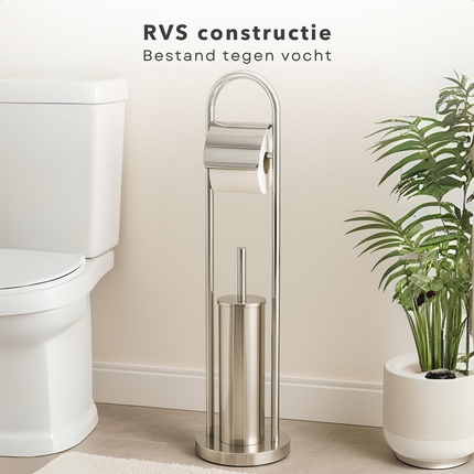 Cheqo® Vrijstaande Toiletbutler - Vrijstaand Toilet Butler - Zilver RVS - Touletborstel met Houder - WC Rol Houder - Rolhouder - Moderne Toiletaccessoires - 80 cm Hoog - Stijlvol en Duurzaam