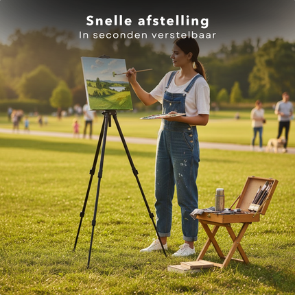 Cheqo® Opvouwbare Schildersezel - In Hoogte Verstelbaar - Met Opbergtas - Metalen Schildersezel - Zwarte Schildersezel - Draagbare Schildersezel - Compacte Schildersezel - Schildersezel Voor Canvas - Kunst Schildersezel