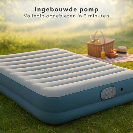 Cheqo® 2-Persoons Luchtbed 200x150cm – Opblaasmatras met Ingebouwde Pomp – Alwayzaire Technologie – Fortech Materiaal – I-Beam Constructie – Luchtbed met Kussen – Camping & Festival Logeerbed – USB-oplaadkabel – 350kg Draaggewicht