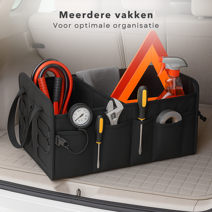 Cheqo® Kofferbak Organizer Auto – Opvouwbare Auto Opbergtas met Meerdere Compartimenten – Zwarte Kofferbak Opbergbox – Anti-Slip Ontwerp met Klittenband – Auto Accessoires – Waterdicht – Autostoel Organizer – Gereedschapstas