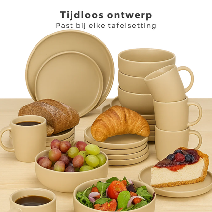 Cheqo® Serviesset 16-delig Aardewerk – Stijlvolle Bordenset 4 Persoons – Ontbijtborden & Dinerborden – Kommen & Mokken – Magnetronbestendig – Vaatwasserbestendig – Elegante Zand Kleur – Duurzame Kwaliteit