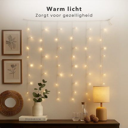 Cheqo® LED Gordijnverlichting - 240 LED Lampjes - 200x150 cm - Kerstverlichting - Binnen En Buiten - Transparant Snoer - IP-44 Adapter - 12 Functies Controller - Geheugenfunctie - 16 Strengen - 150 cm Lang - Wit Licht - 5 Meter Aansluitsnoer