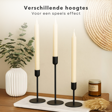 Cheqo® Metalen Kaarsenhouder Set van 3 – Zwarte Kaarsenhouders in Industriële Stijl – Woondecoratie voor Salontafel, Eetkamertafel of Bijzettafeltje – Tijdloos Design – Geschikt voor Dinerkaarsen – Kandelaar Modern