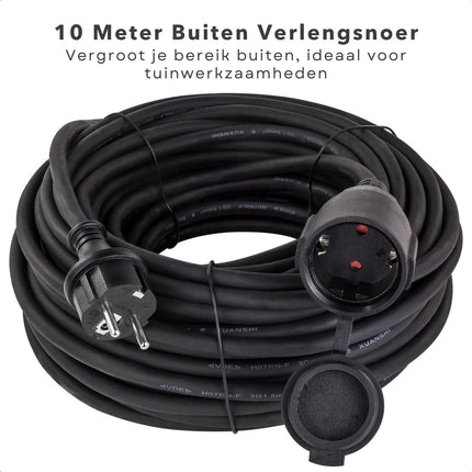 Cheqo® Verlengsnoer - 10 Meter - 3 x 1.5 mm² - Spatwaterdicht - Met Afsluitklep - Voor Binnen en  Buiten - Kinderbeveiliging - Max 3500W - Randaarde - Zwart - Verlengkabel - Extra Sterk Verlengsnoeren