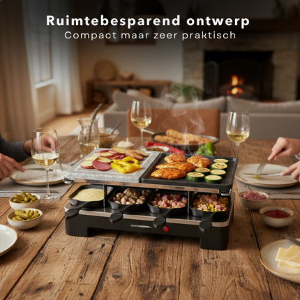 Cheqo® Gourmetstel Voor 8 Personen - Steengrill En Gewone Grill - Gourmetten Met Vrienden - Kerst Gourmetset - 8 Mini-Pannetjes - 9 Spatels Inbegrepen - Gourmetten - Grillplaat - Gourmet Stel - Tafelgrill