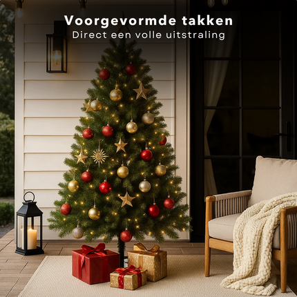 Cheqo® Kunstkerstboom - Groene Kerstboom - PE Naalden - Luxe Uitstraling - Realistische Naalden - Scharnierconstructie - Snel Op Te Zetten - Kerstboom 210 CM - Voorgevormde Takken - Kerstdecoratie - Duurzame Kerstboom - 1448 Takken